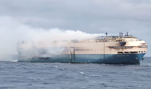 A cargo ship on fire due to lithium fire battery